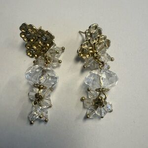 Gold Floral Crystal Drop Earrings - Clear
